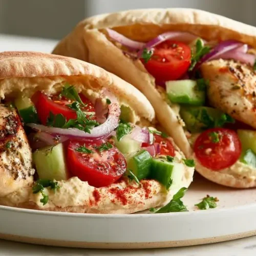 Two grilled chicken pitas filled with creamy hummus, cucumbers, cherry tomatoes, red onion, and fresh parsley.