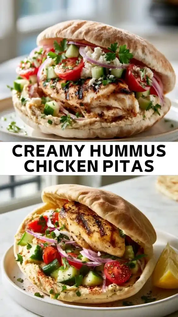 Creamy Hummus Chicken Pitas Hero Grilled chicken pita stuffed with creamy hummus, cucumber, tomatoes, red onion, and fresh parsley.
