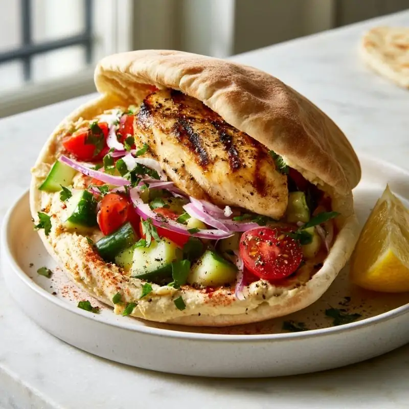Creamy Hummus Chicken Pitas Grilled chicken pita filled with creamy hummus, cucumber, cherry tomatoes, red onion, parsley, and lemon.
