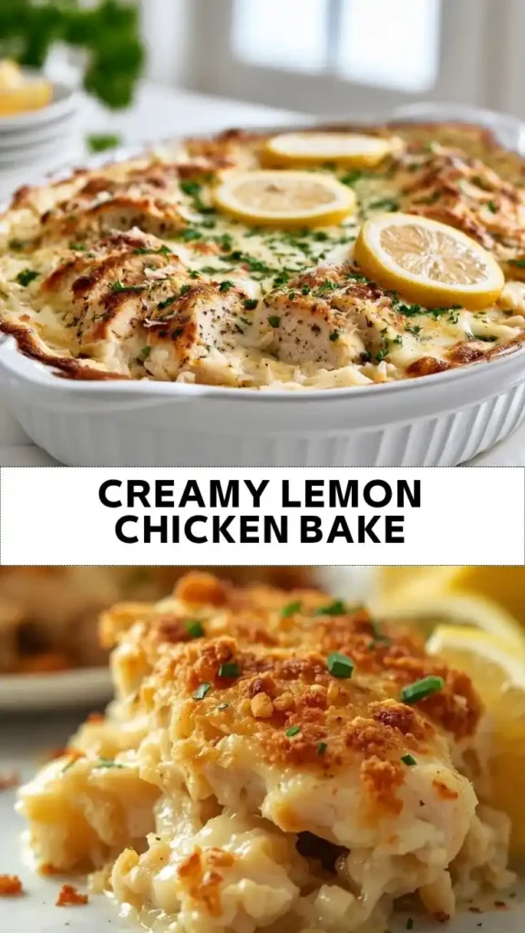 Creamy lemon chicken bake with tender chicken, melted cheese, and fresh lemon slices