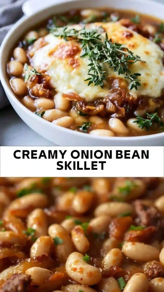 Creamy Onion Bean Skillet with Melted Cheese and Caramelized Onions