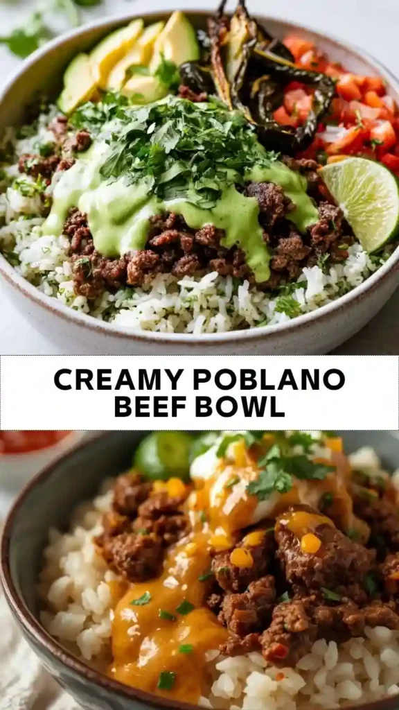 Creamy Poblano Beef Bowl Recipe Creamy Poblano Beef Bowl with Cilantro Lime Rice and Avocado