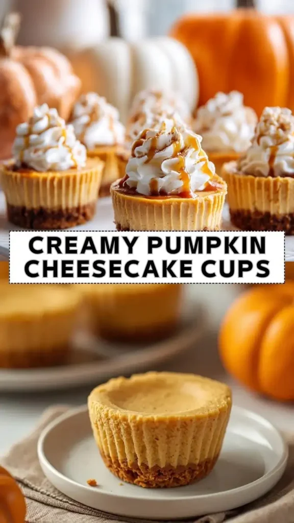 Creamy pumpkin cheesecake cups topped with whipped cream and caramel drizzle on a dessert platter.