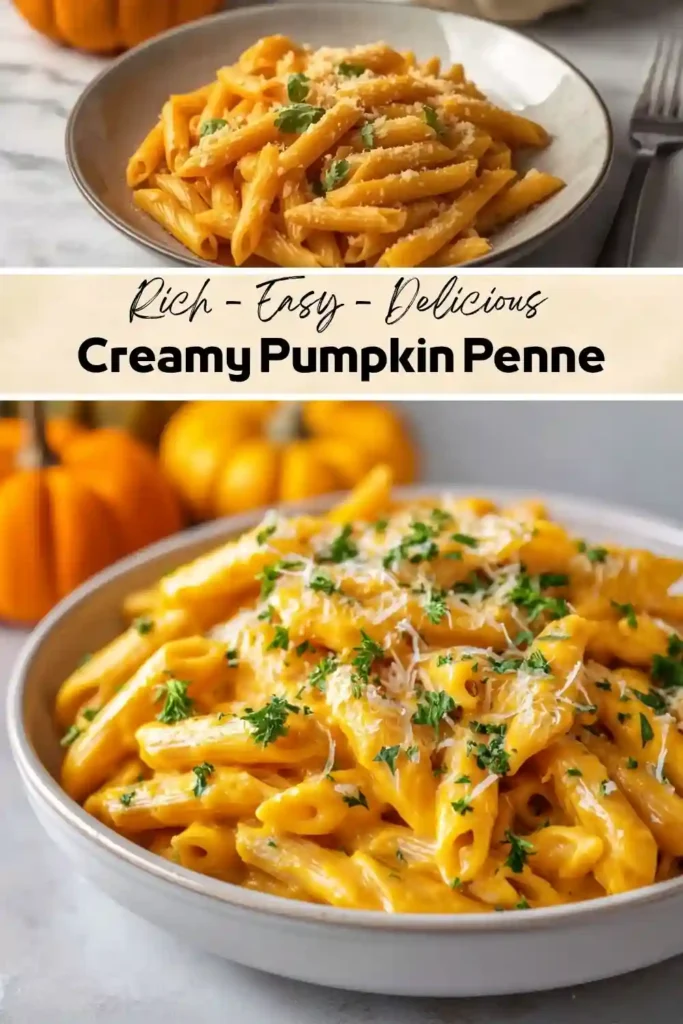 A bowl of creamy pumpkin penne pasta topped with grated Parmesan cheese and fresh parsley, with pumpkins blurred in the background for a cozy autumn setting.