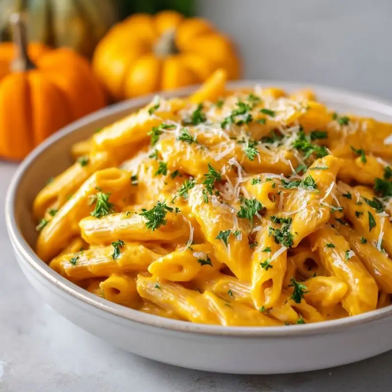 A bowl of creamy pumpkin penne pasta topped with grated Parmesan cheese and fresh parsley, with pumpkins softly blurred in the background.