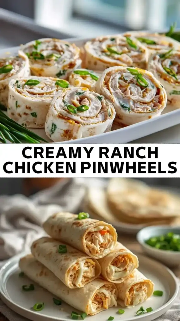 Creamy ranch chicken pinwheels made with flour tortillas filled with shredded chicken, ranch cream cheese, and green onions, sliced into bite-sized rolls.