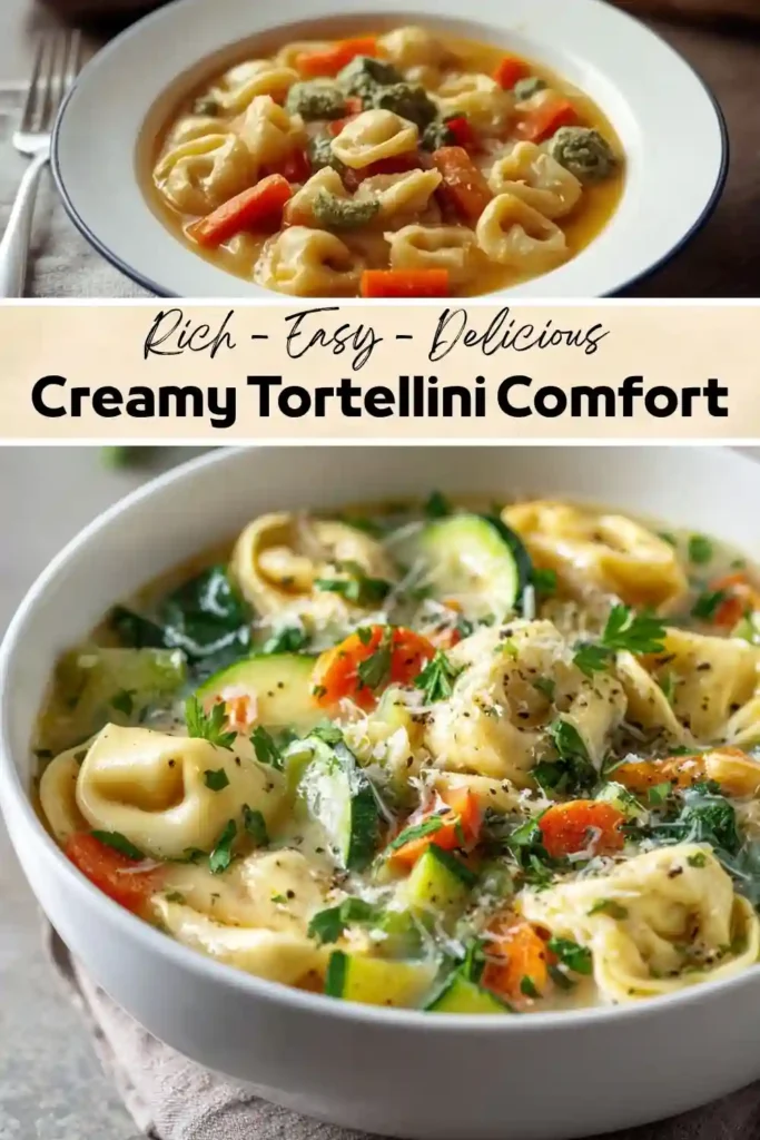 A bowl of creamy tortellini soup filled with cheese tortellini, zucchini, carrots, spinach, and herbs in a rich, creamy broth, garnished with grated Parmesan and parsley.