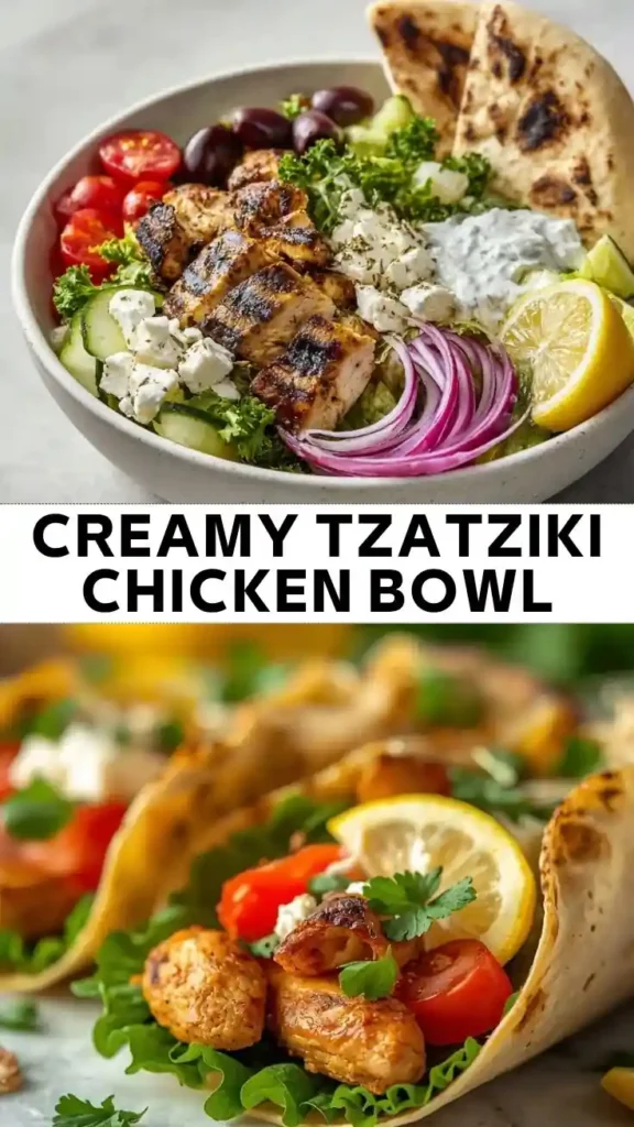 Creamy Tzatziki Chicken Bowl Creamy tzatziki chicken bowl with grilled chicken, cucumber, tomatoes, feta cheese, red onion, olives, pita bread, and lemon.