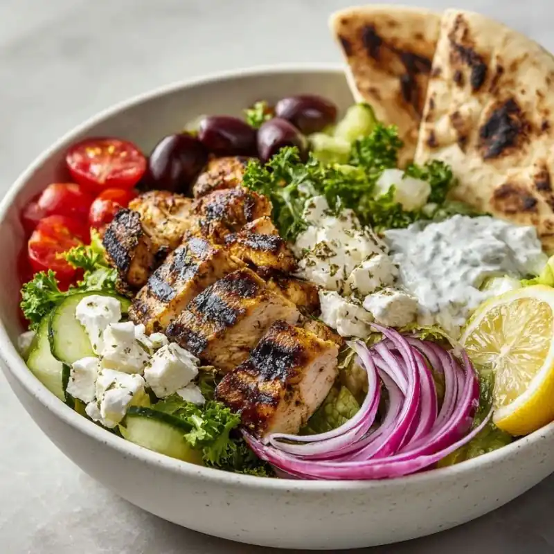 Creamy Tzatziki Chicken Bowl Mediterranean chicken bowl with grilled chicken, creamy tzatziki, feta cheese, cucumbers, tomatoes, olives, red onion, and pita bread.