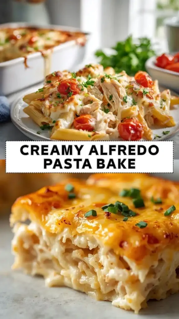 Creamy Alfredo Pasta Bake Recipe | Easy Chicken Alfredo Casserole Creamy Alfredo pasta bake with tender chicken, penne pasta, melted cheese, and roasted cherry tomatoes.
