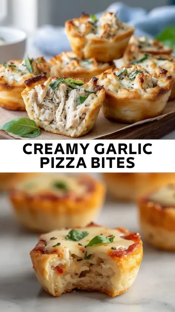 Creamy Garlic Pizza Bites Recipe | Easy Cheesy Chicken Pizza Cups Creamy garlic pizza bites filled with shredded chicken, melted mozzarella, and herbs, baked until golden brown.
