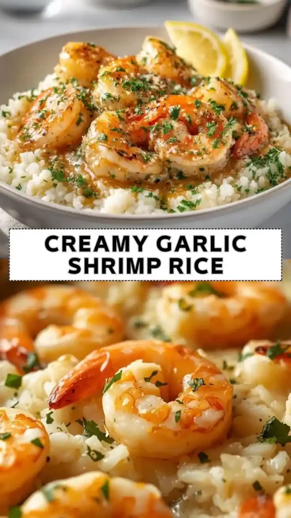 Creamy garlic shrimp served over fluffy white rice, garnished with fresh parsley and lemon wedges.
