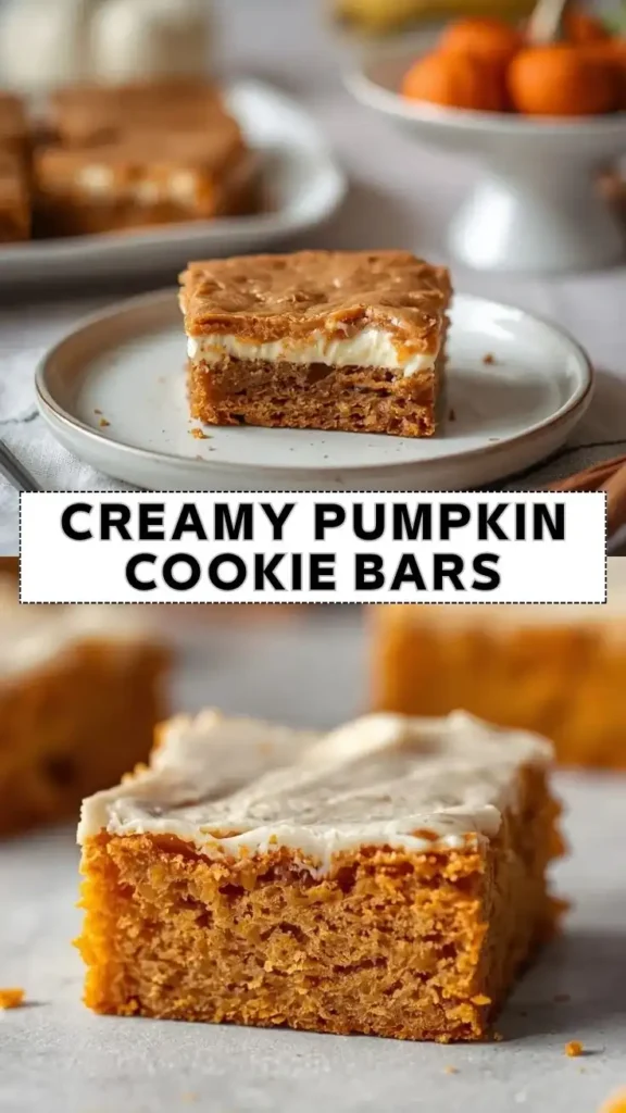 Creamy Pumpkin Cookie Bars | Easy Pumpkin Dessert Recipe Creamy pumpkin cookie bars with soft pumpkin spice cake and smooth cream cheese frosting.