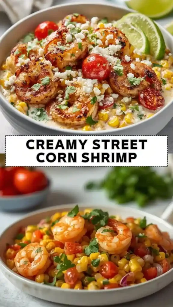Creamy Street Corn Shrimp Recipe | Easy Mexican Shrimp Bowl Creamy street corn shrimp bowl with grilled shrimp, sweet corn, cherry tomatoes, cotija cheese, cilantro, and lime wedges.