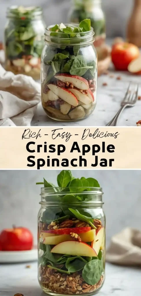Crisp Apple Spinach Jar Salad Mason jar salad layered with fresh spinach, crisp apple slices, pecans, and homemade vinaigrette.