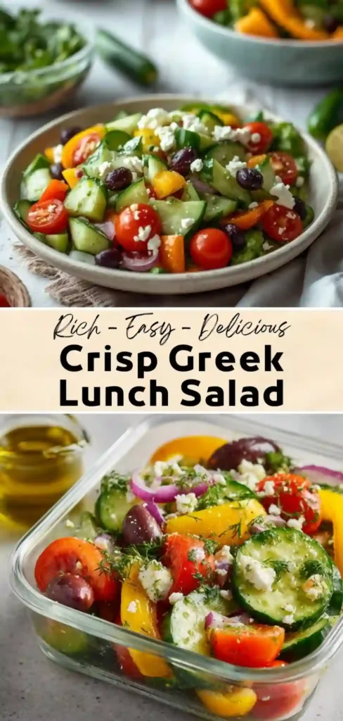Crisp Greek Lunch Salad Recipe | Easy Mediterranean Salad Fresh Greek lunch salad with cucumbers, cherry tomatoes, bell peppers, Kalamata olives, red onion, and crumbled feta cheese.