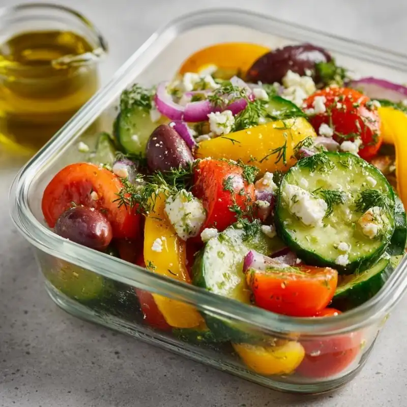 Crisp Greek Lunch Salad Meal Prep | Easy Mediterranean Recipe Fresh Greek salad meal prep with cucumbers, cherry tomatoes, yellow bell peppers, Kalamata olives, red onion, feta cheese, and fresh dill.