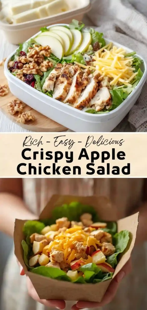 Crispy Apple Chicken Salad Crispy apple chicken salad with grilled chicken, fresh apples, walnuts, dried cranberries, cheddar cheese, and mixed greens.