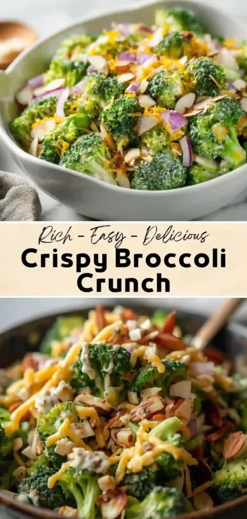 Crispy Broccoli Crunch Salad Fresh broccoli crunch salad with cheddar cheese, sliced almonds, red onion, and creamy dressing.