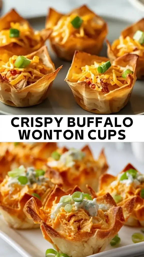 Crispy Buffalo Wonton Cups Crispy buffalo wonton cups filled with shredded buffalo chicken, topped with blue cheese dressing, shredded cheddar, and sliced green onions.