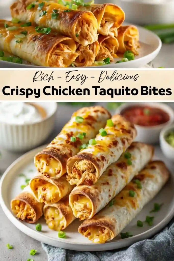 Crispy Chicken Taquito Bites Recipe Golden crispy chicken taquito bites filled with shredded chicken and melted cheese, garnished with sliced green onions and served with salsa and sour cream.