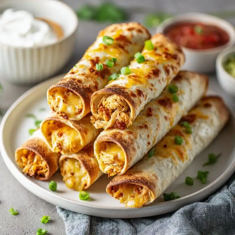 Crispy Chicken Taquito Bites Golden baked chicken taquito bites filled with shredded chicken and melted cheese, stacked on a plate and garnished with green onions.