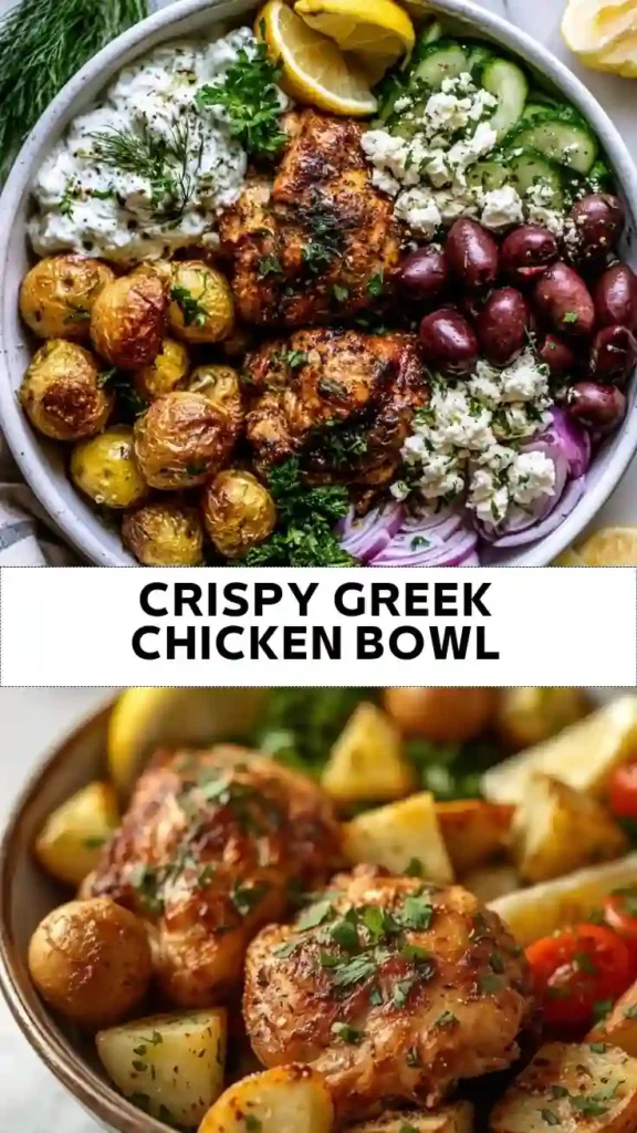 Crispy Greek Chicken Bowl with Roasted Potatoes, Tzatziki, Feta, and Olives