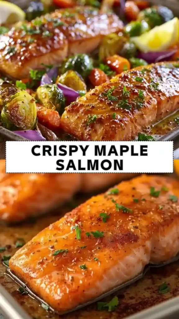 Crispy Maple Salmon Recipe with Roasted Vegetables Crispy maple glazed salmon with roasted Brussels sprouts and vegetables
