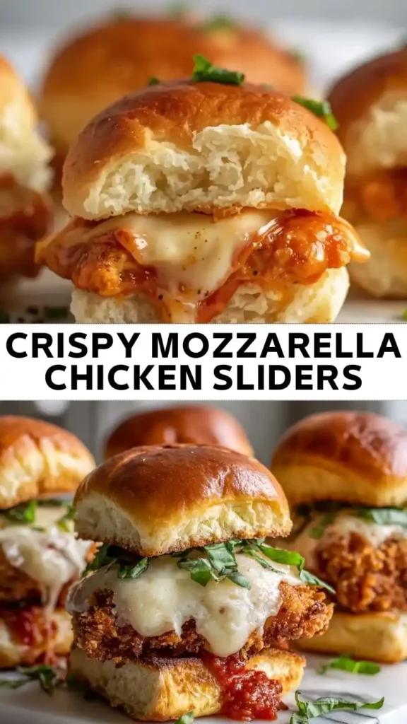 Crispy Mozzarella Chicken Sliders Crispy mozzarella chicken sliders with breaded chicken, melted mozzarella, marinara sauce, and fresh basil on soft slider buns.