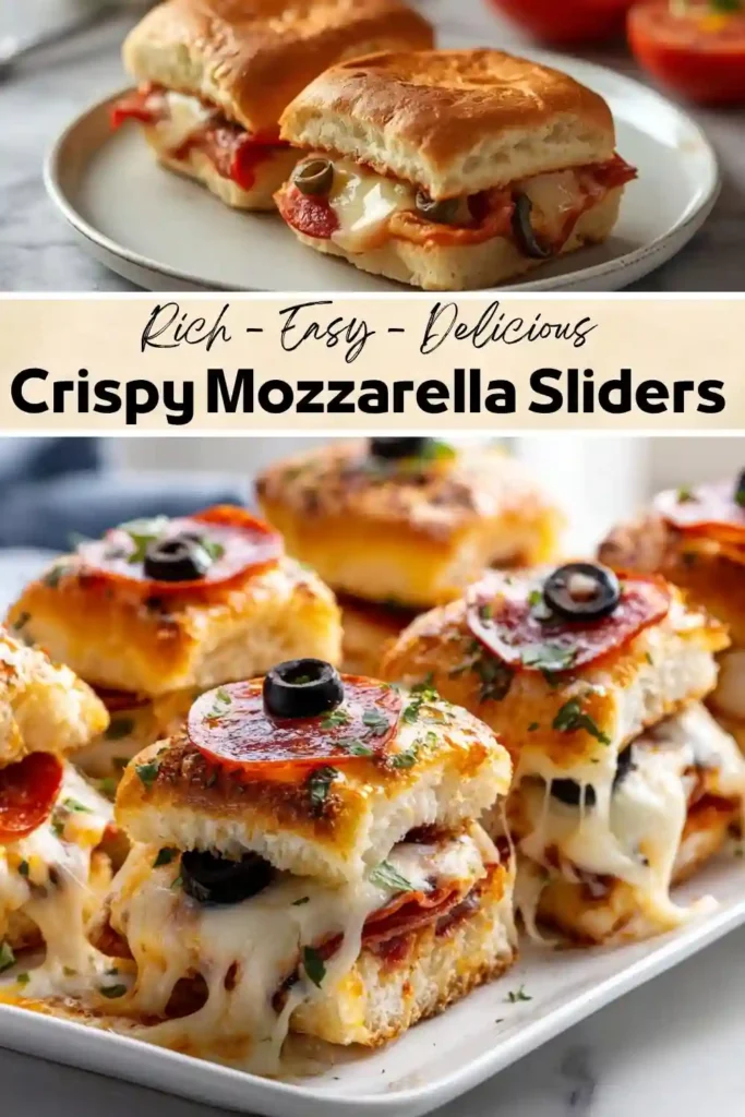 Crispy Mozzarella Sliders Crispy mozzarella sliders with melted mozzarella cheese, pepperoni, black olives, garlic butter, and parsley on toasted slider buns.