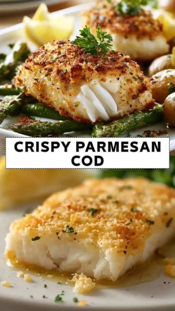 Crispy Parmesan Cod Recipe with Asparagus and Potatoes Crispy Parmesan crusted cod served with asparagus and roasted potatoes