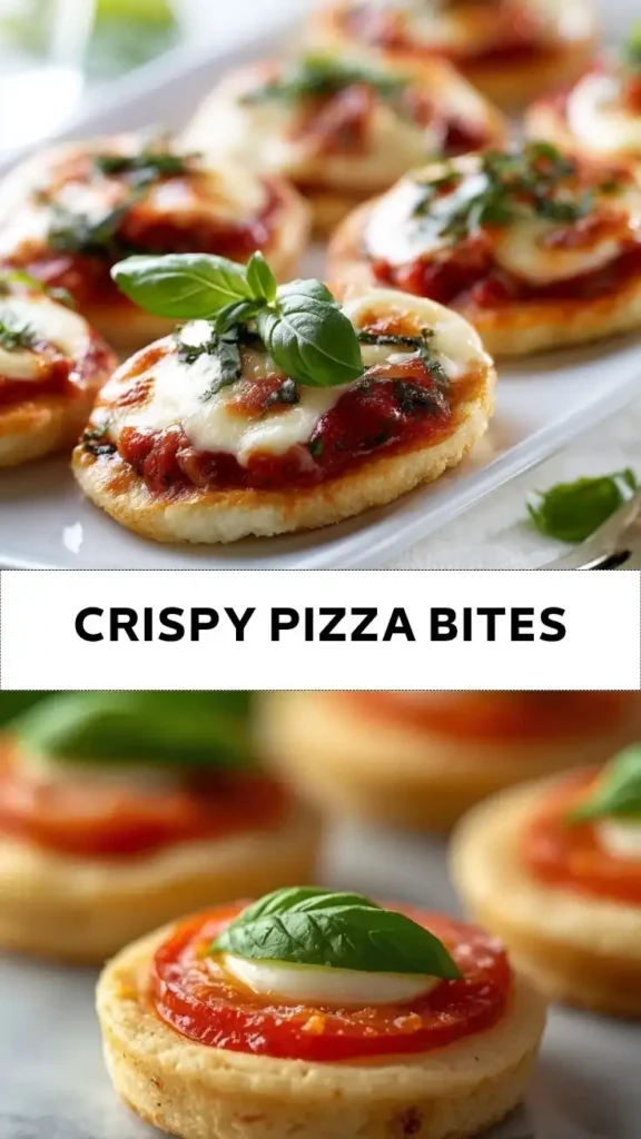 Crispy mini pizza bites topped with mozzarella, tomato sauce, and fresh basil