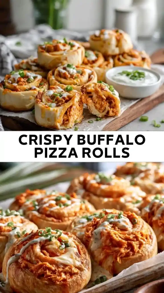 Crispy Buffalo Pizza Rolls Recipe | Easy Buffalo Chicken Appetizer Crispy Buffalo chicken pizza rolls with melted cheese, ranch drizzle, and sliced green onions served with a creamy dipping sauce.