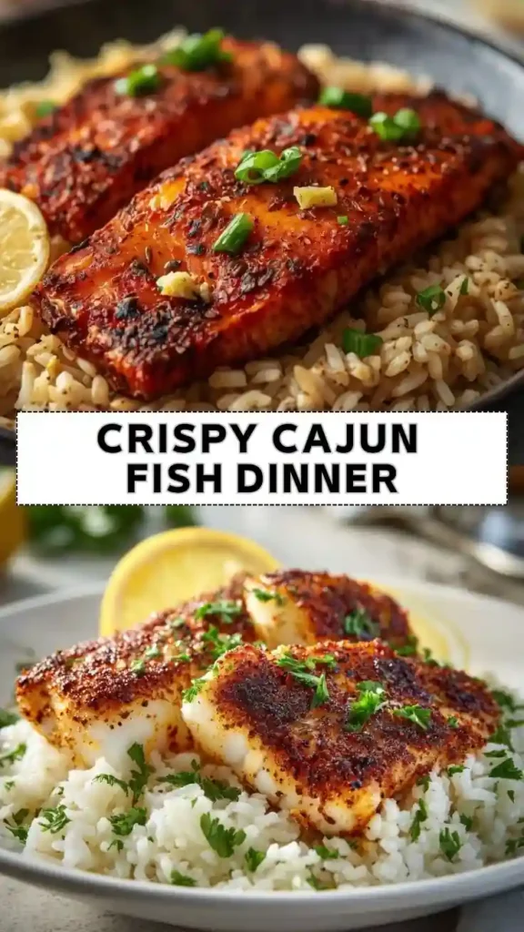 Crispy Cajun Fish Dinner Recipe | Easy Cajun Fish and Rice Crispy Cajun fish fillets served over fluffy rice with lemon wedges, parsley, and Cajun seasoning.
