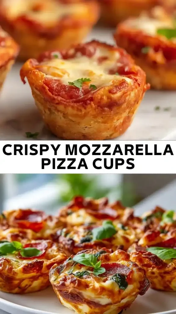 Crispy Mozzarella Pizza Cups Recipe | Easy Mini Pizza Bites Crispy mozzarella pizza cups baked with melted cheese, pepperoni, and fresh basil in bite-sized muffin cups.
