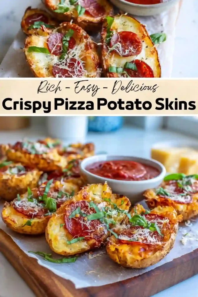 Crispy Pizza Potato Skins Recipe | Easy Loaded Potato Skins Crispy pizza potato skins topped with melted mozzarella, pepperoni, Parmesan cheese, fresh basil, and served with marinara dipping sauce.