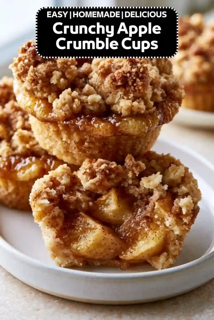 Easy Homemade Crunchy Apple Crumble Cups Crunchy apple crumble cups topped with golden buttery streusel and filled with warm cinnamon apples on a white plate.