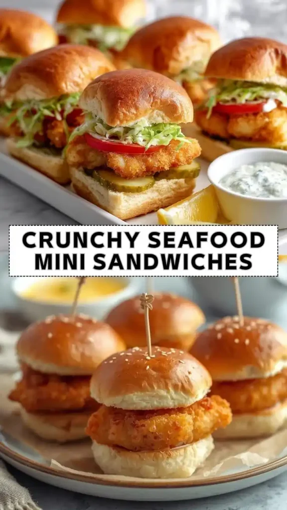 Crispy seafood mini sandwiches on soft slider buns with lettuce, tomato, pickles, and creamy dipping sauce.