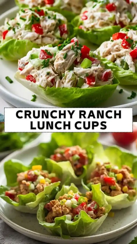 Crunchy Ranch Lunch Cups | Easy Chicken Lettuce Wraps Crunchy ranch chicken salad lettuce cups filled with shredded chicken, celery, bell peppers, and creamy ranch dressing.