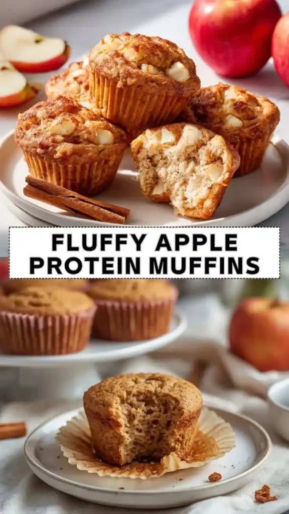 Fluffy Apple Protein Muffins Fluffy apple protein muffins made with fresh apple chunks, cinnamon, and a soft, moist texture on a serving plate.