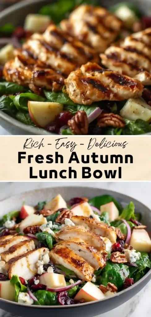 Fresh Autumn Lunch Bowl Autumn chicken salad bowl with spinach, apples, pecans, cranberries, blue cheese, and grilled chicken.