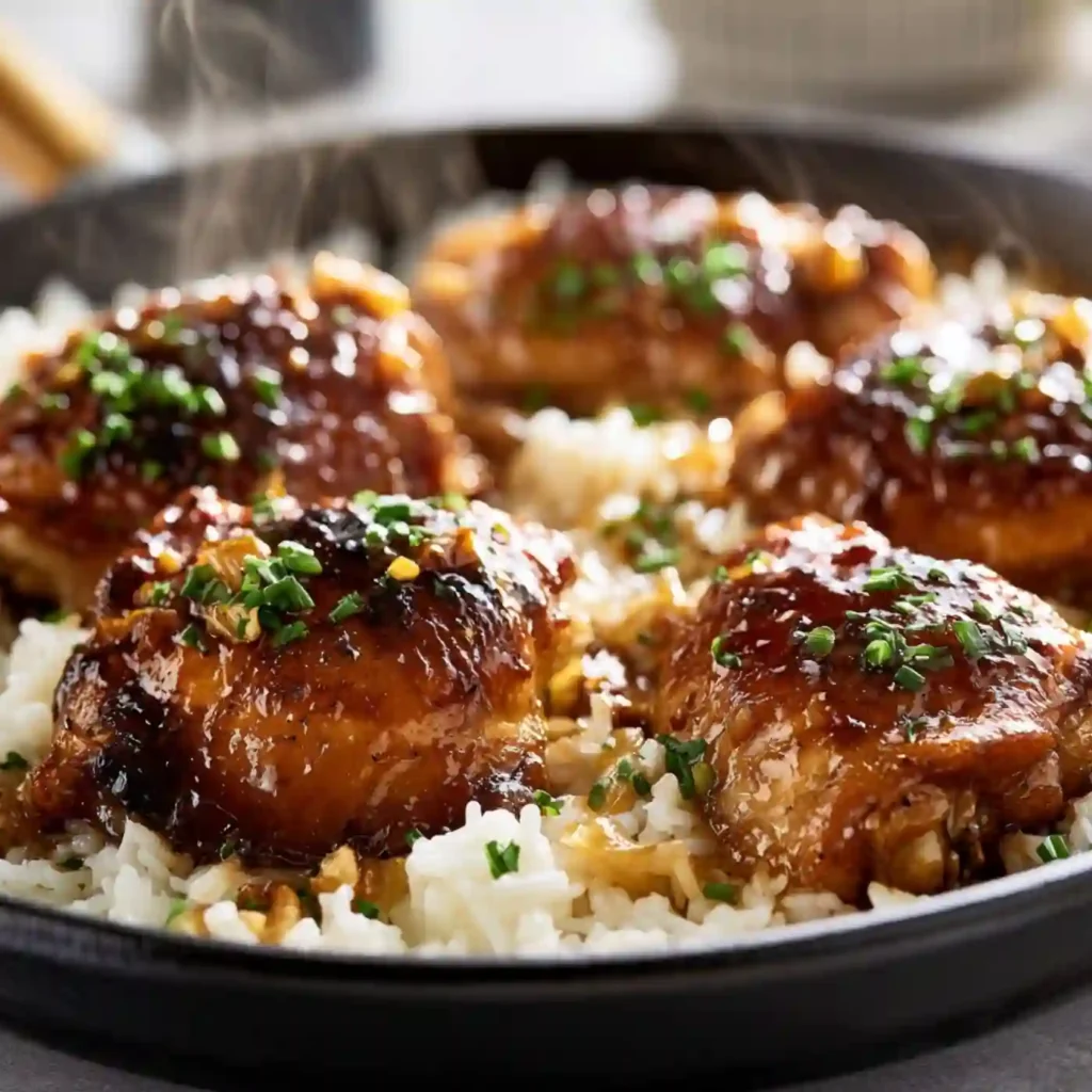 Glazed Chicken and Rice Bowl Glazed chicken thighs served over steamed white rice with garlic and chives