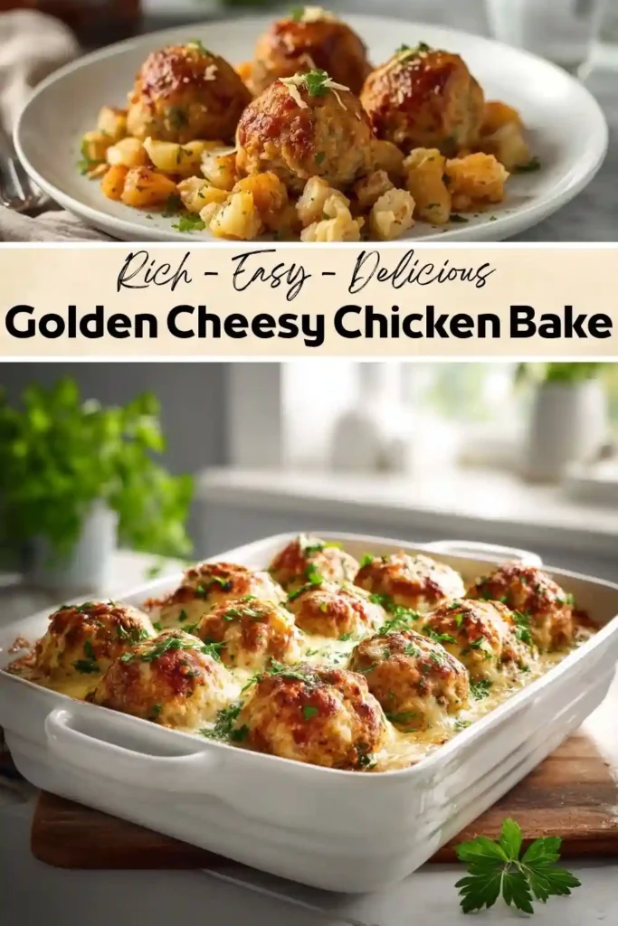 Golden Cheesy Chicken Bake Golden cheesy chicken bake with tender chicken meatballs baked in a creamy cheese sauce and garnished with fresh parsley in a white casserole dish.