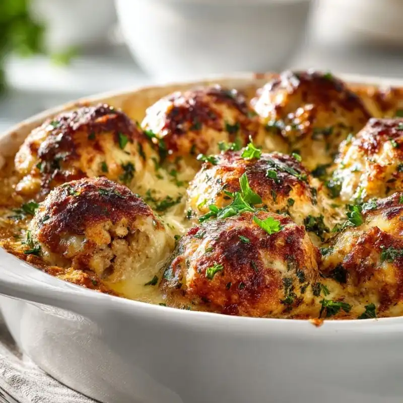 Golden Cheesy Chicken Bake Close-up of a golden cheesy chicken bake featuring juicy chicken meatballs baked in a creamy cheese sauce and garnished with fresh parsley.