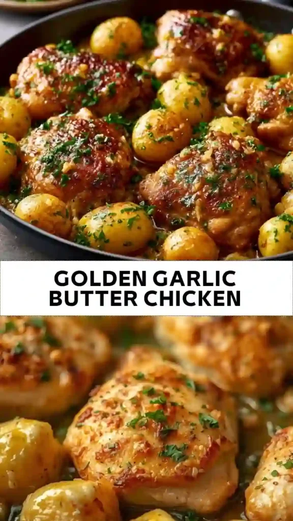 Golden Garlic Butter Chicken Recipe | Crispy Chicken with Baby Potatoes Golden Garlic Butter Chicken with Baby Potatoes in a Skillet