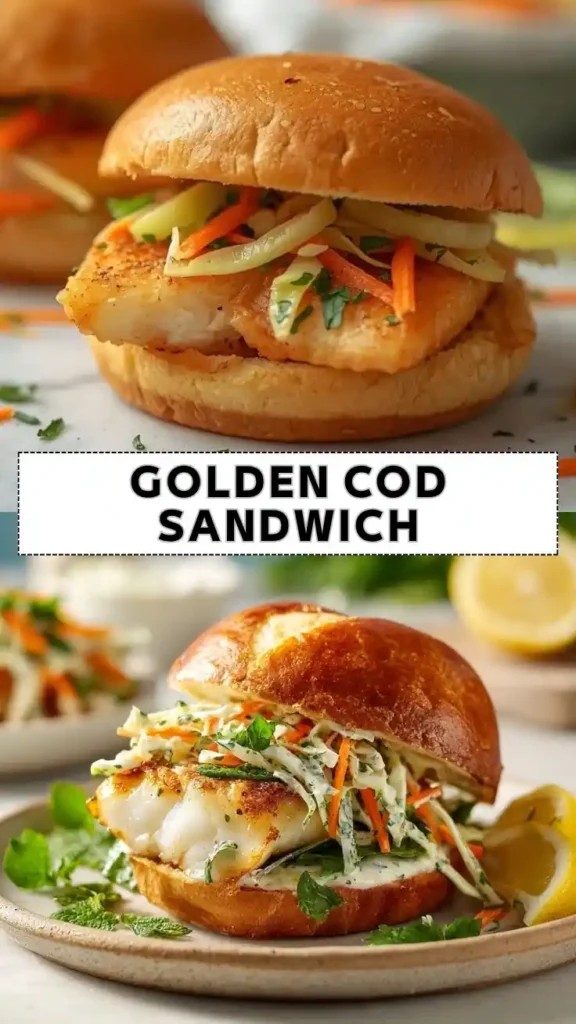 Golden Cod Sandwich Recipe | Easy Crispy Fish Sandwich Golden cod sandwich with flaky cod fillet, creamy coleslaw, fresh herbs, and a toasted brioche bun.
