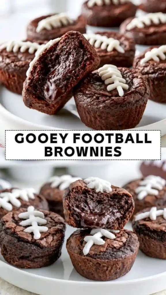 Easy Gooey Football Brownies Recipe Gooey football brownies with rich molten chocolate centers and white icing football decorations, arranged on a serving plate.