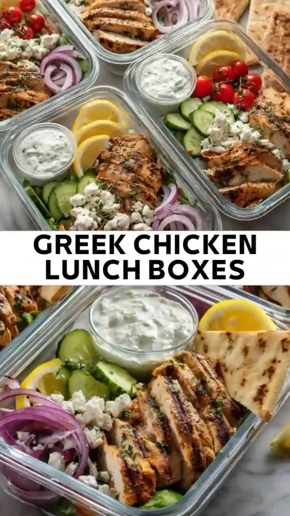Greek Chicken Lunch Boxes Greek chicken lunch boxes with grilled chicken, cucumbers, cherry tomatoes, feta cheese, red onion, tzatziki, lemon slices, and pita bread.