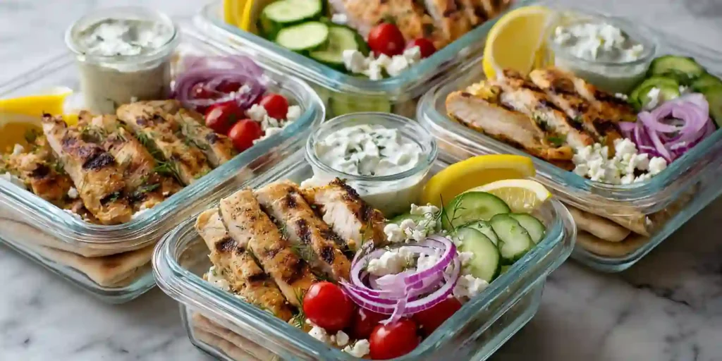 Greek chicken lunch boxes with grilled chicken breast, cucumber, cherry tomatoes, feta cheese, red onion, tzatziki sauce, lemon wedges, and pita bread.