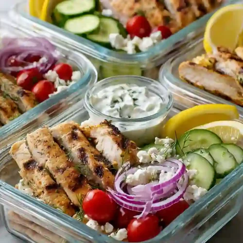 Greek chicken lunch boxes with grilled chicken breast, cucumber, cherry tomatoes, feta cheese, red onion, tzatziki sauce, lemon wedges, and pita bread.